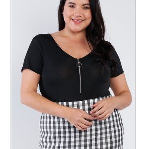 Plus size Black Front Zip Short Sleeve Bodysuit
